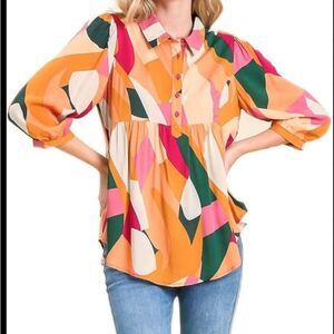 Umgee Multicolor Abstract Button Down Blouse Top Tunic Orange Pink Green Large